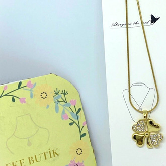 Çelik Dört Yapraklı Yonca Taşlı Kolye Gold