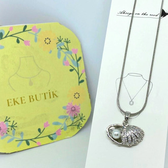 Çelik Midye Kabuğu Açılır Taşlı incili Kolye Silver