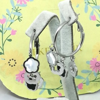 Çelik Yonca Sedefli Charm Halka Küpe Gümüş
