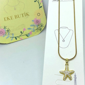  Çelik Deniz Yıldızı Taşlı Kolye Gold