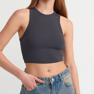 Dilvin dikiş efektli crop top antresit