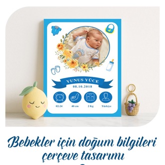 Bebekler İçin Doğum Bilgileri Çerçeve Tasarımı - Erkek Bebek İçin
