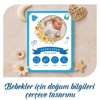 Bebekler İçin Doğum Bilgileri Çerçeve Tasarımı - Erkek Bebek İçin