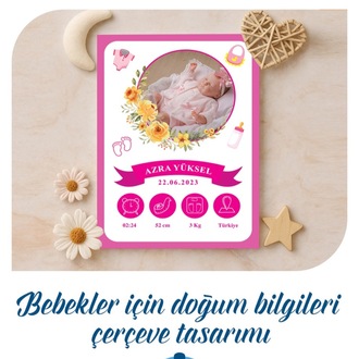 Bebekler İçin Doğum Bilgileri Çerçeve Tasarımı - Kız Bebek İçin