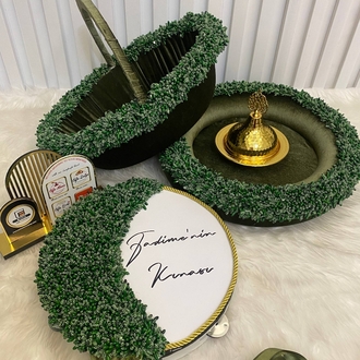 Schleier, Kaffeeblüten-Henna-Korb mit Tablett und Braut-Tamburin 3-teiliges Set | EW-292703