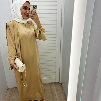 Bilekten bağlamalı elbise camel renk 