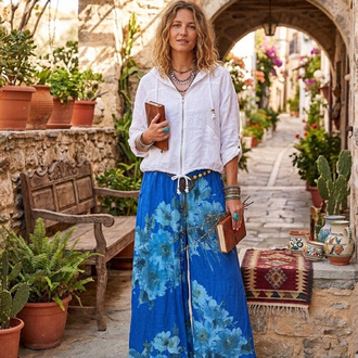 Çiçek desenli keten pantalon