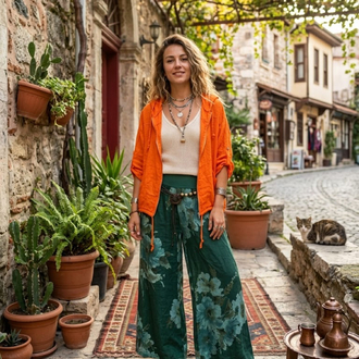 Çiçek desenli keten pantalon