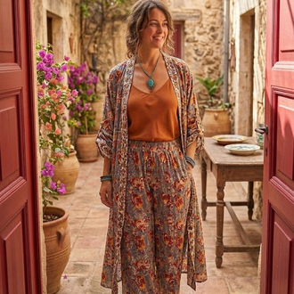 Pamuklu viskon kaftan ve pantalon takım