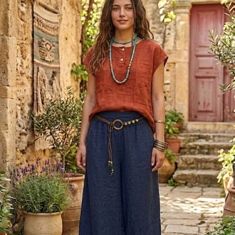 Kemerli bol paça keten pantalon