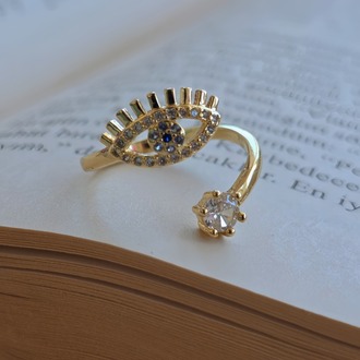 Ayarlanabilir Nazar Model Zirkon Taşlı Gold Renk Çelik Yüzük - 1766