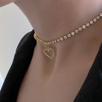 Tek Sıralı Kalp Figürlü Kristal Taşlı Choker Tasma Silver Gold Kolye - 1790