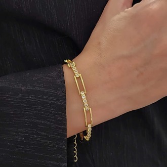Dikdörtgen Model Elmas Görünümlü Gold Çelik Bileklik - 1498