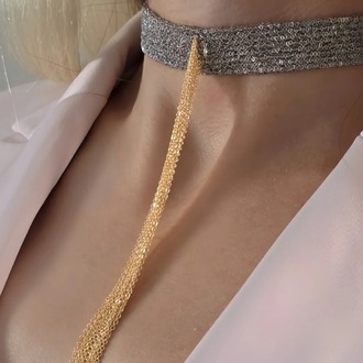 8 Sıralı Zincir Dokuma Sallantılı Vücut Tasma Choker Gümüş Gold Renk El Yapımı Kolye- 1709