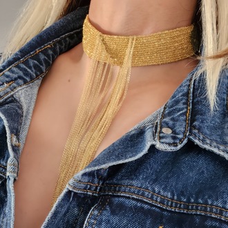 15 Sıralı Zincir V Model Dokuma Sallantılı Tasma Choker El Yapımı Altın Renk Kolye - 1383