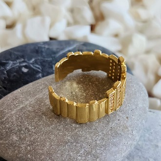 Zikzak Geometrik Model Sedefli Zirkon Taşlı Ayarlanabilir Gold Renk Çelik Yüzük - 1451