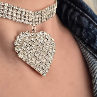 Sallantılı Kalp Model Rhinestone Choker Tasma Model Gümüş Renk Kolye- 1390