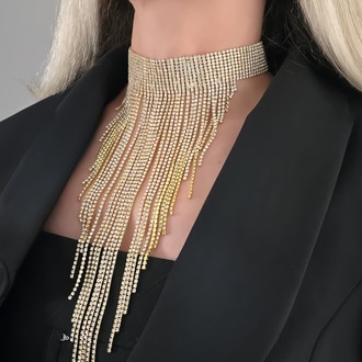 Kristal Taşlı Saçaklı Püskül Model Silver Renk Abiye Choker Tasma Kolye - 1401