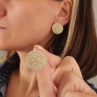 Yuvarlak Model Abiye Altın Kaplama Gold Renkli Küpe - 1359