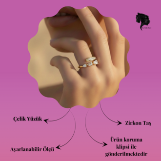 Ayarlanabilir Damla Model Zirkon Taşlı Gold Renk Çelik Yüzük- 1770