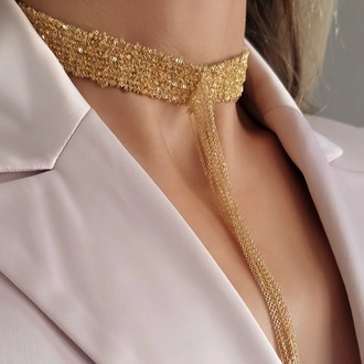 8 Sıralı Zincir Dokuma Sallantılı Vücut Tasma Choker Gold Renk El Yapımı Kolye- 1708