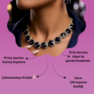 Riviere Kristal Taşlı Çiçek Model Mor Renkli Kolye Küpe Set- 1863