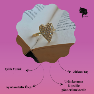 Ayarlanabilir Kalp Model Zirkon Taşlı Gold Renk Çelik Yüzük - 1756