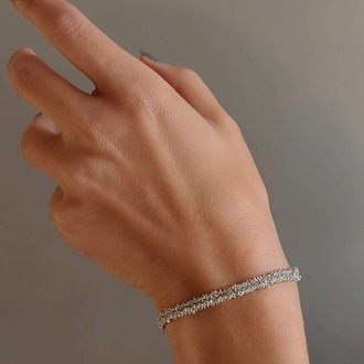 Zincir Dokuma Kordon El Yapımı Otantik Gümüş Platin Renkli Bileklik - 1341