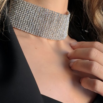 Gümüş Kaplama Rhinestone Choker Tasma Model Kolye - 1727