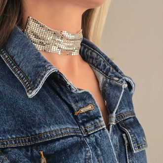 Arpa Pul Payet Zırh Metal Geniş Model Gümüş Choker Kolye - 1393