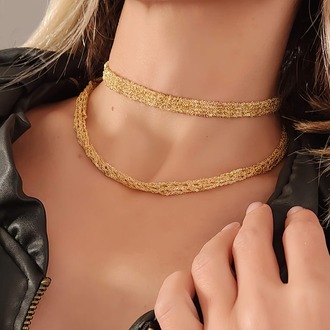 Kordon Zincir Örme El Yapımı Chooker Tasma Altın Kaplama Gold Renk Kolye - 1365