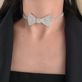 Papyon Model Rhinestone Choker Tasma Model Gümüş Renk Kolye- 1388
