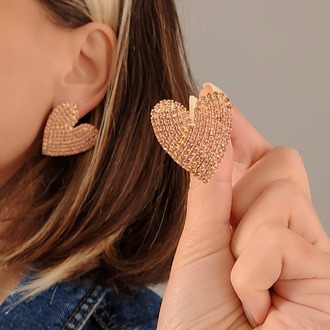 Kalp Love Aşk Model Rhinestone Altın Kaplama Küpe - 1362