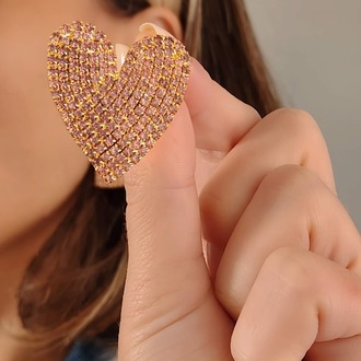 Kalp Love Aşk Model Rhinestone Altın Kaplama Küpe - 1362