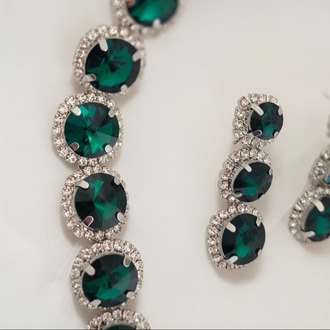 Riviere Kristal Taşlı Çiçek Model Yeşil Renkli Kolye Küpe Set - 1865