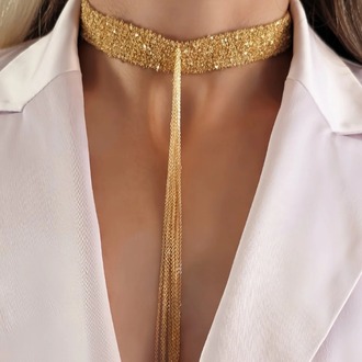 8 Sıralı Zincir Dokuma Sallantılı Vücut Tasma Choker Gold Renk El Yapımı Kolye- 1708