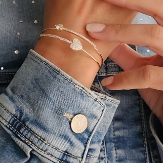 Kalp Damla İki Sıralı Model Gold Renk Çelik Ayarlanabilir Bileklik Kelepçe- 1690