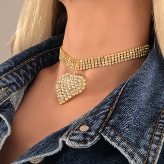 Sallantılı Kalp Model Rhinestone Choker Tasma Model Gold Renk Kolye - 1391