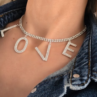 Love Aşk Kristal Taşlı Party Style Gümüş Renk Kolyee - 1386