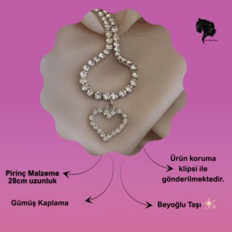 Tek Sıralı Kalp Figürlü Kristal Taşlı Choker Tasma Silver Renk Kolye - 1789