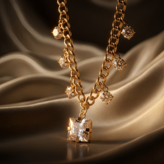 Baget Kare Model Zirkon Taşlı Gold Renkli Çelik Kolye- 1862
