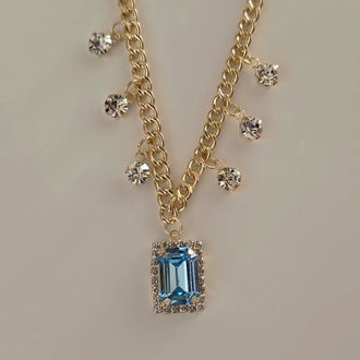 Baget Model Zirkon Taşlı Gold Turkuaz Renkli Çelik Kolye - 1860