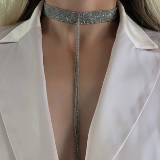 8 Sıralı Zincir Dokuma Sallantılı Vücut Tasma Choker Silver Renk El Yapımı Kolye - 1707