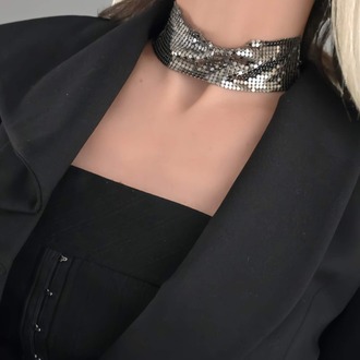 Arpa Pul Payet Zırh Metal Geniş Model Antrasit Choker Kolye - 1392