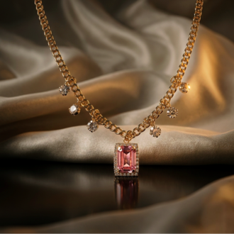 Baget Model Zirkon Taşlı Gold Pembe Renkli Çelik Kolye - 1859