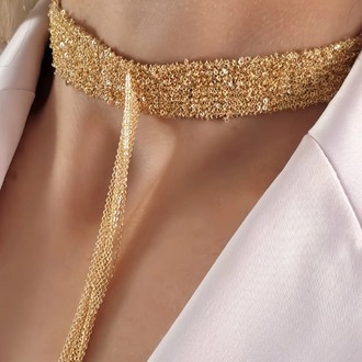 8 Sıralı Zincir Dokuma Sallantılı Vücut Tasma Choker Gold Renk El Yapımı Kolye- 1708