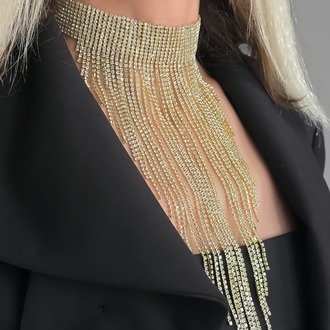 Kristal Taşlı Saçaklı Püskül Model Silver Renk Abiye Choker Tasma Kolye - 1401