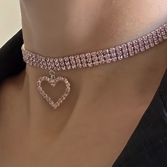 Üç Sıralı Kalp Figürlü Kristal Taşlı Choker Tasma Pembe Renk Kolye - 1791
