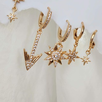 6'lı Ok Yıldız Kutup Yıldızı Altın Kaplama Gold Küpe Seti - 1526