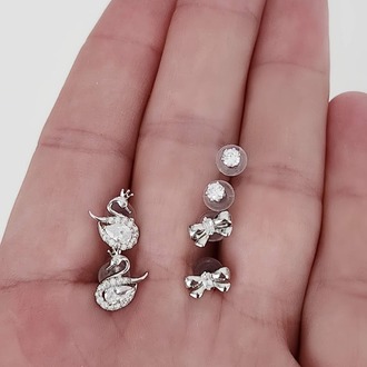 6'lı Kuğu Fiyonk Model Minima Gümüş Silver Renkli Küpe Seti- 1551